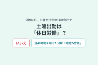 週休2日で日曜が法定休日の会社で、土曜出勤は休日労働かという問い。答えはいいえで、週40時間を超えた分は時間外労働になる